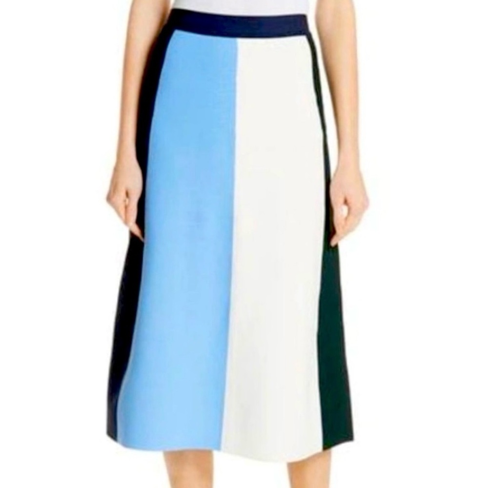 Tory Sport (Tory Burch) Blue, White & Dark Emerald Green Colorblock Midi Skirt